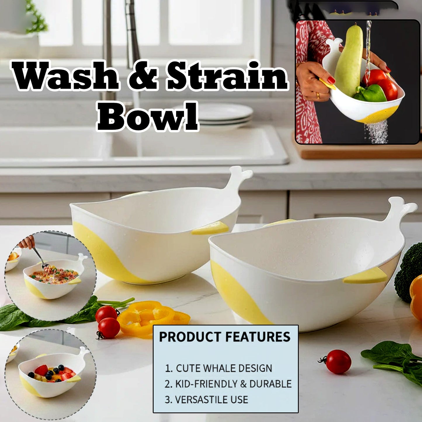 Multipurpose plastic rice washing bowl and colander set, 2 pieces
