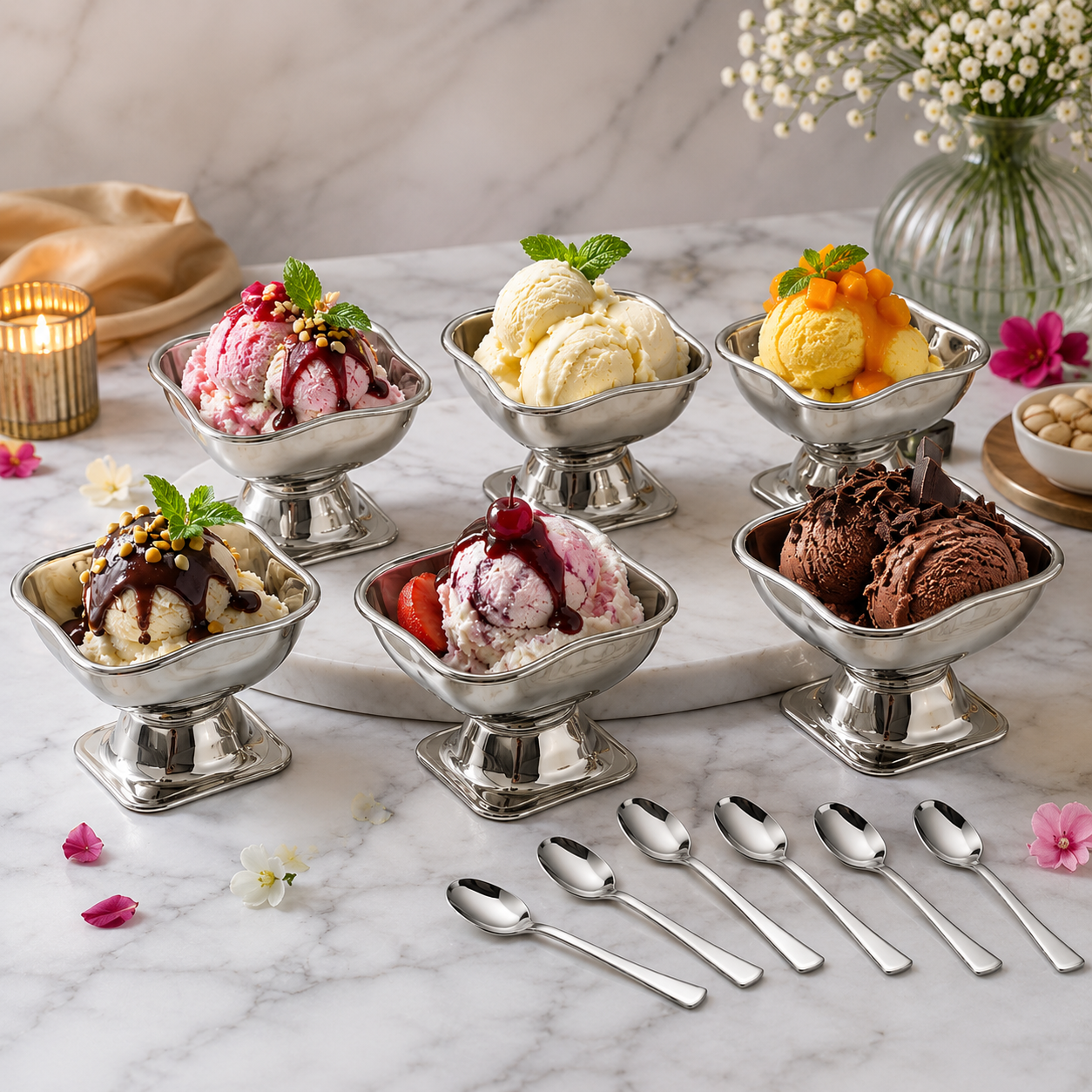 Six stainless steel ice cream cups filled with various ice cream flavors and toppings, with six spoons.