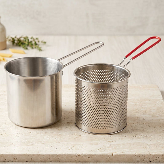 Stainless steel deep frying pot with strainer basket for efficient frying