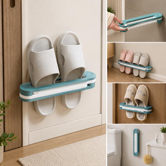 A teal and white folding shoe rack holds two pairs of white slippers on a light-colored door.