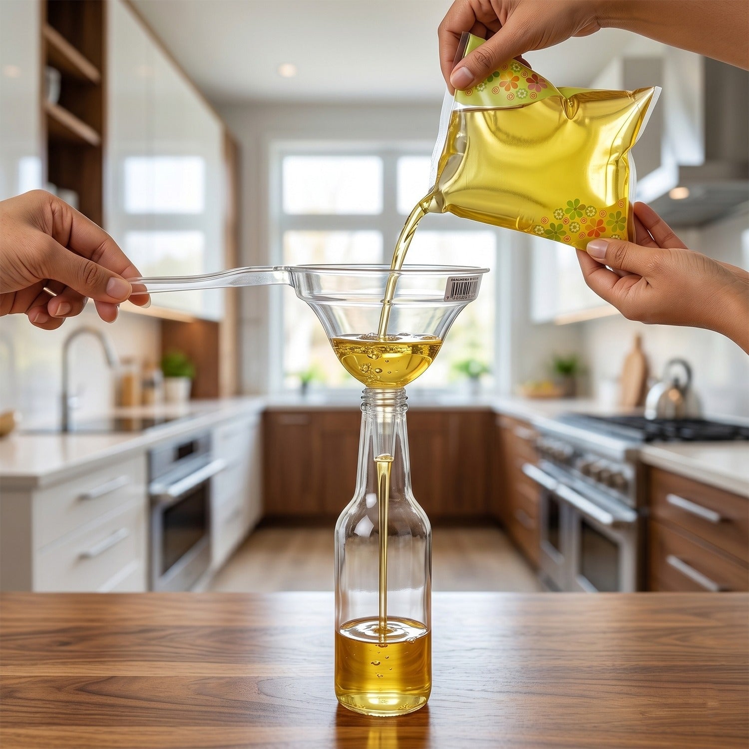 Hand holding transparent funnel pouring liquid