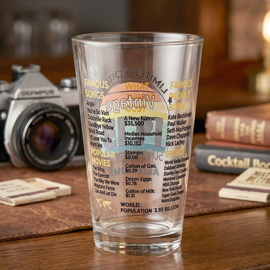 Printed vintage trivia glass tumbler with colorful print detail