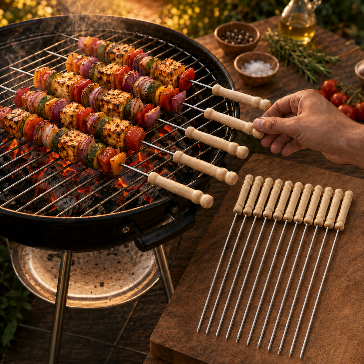 A hand places a skewer of chicken and vegetables onto a black charcoal grill with other skewers cooking.