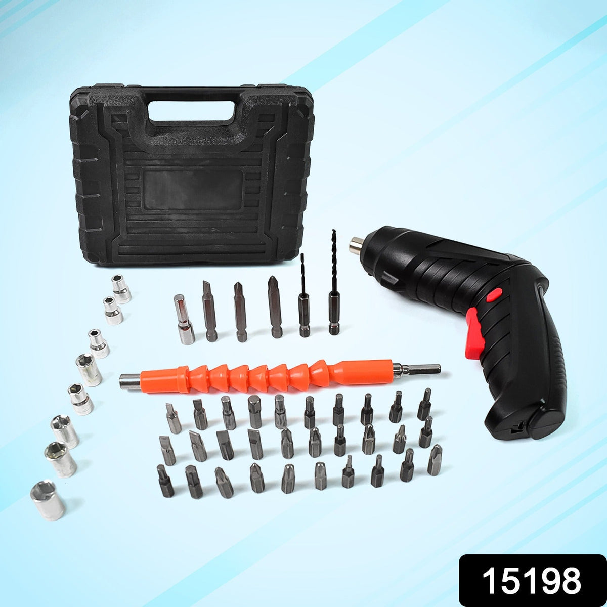 A black electric screwdriver with red accents, a black carrying case, and a large assortment of silver and orange