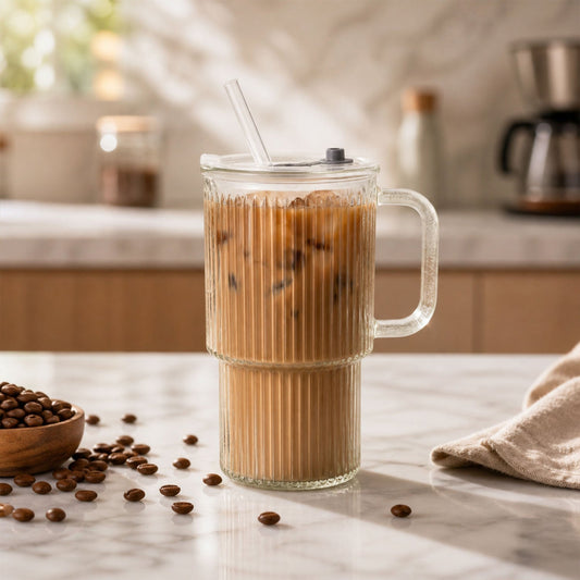 Clear glass tumbler with lid, straw, and handle, ideal for cold beverages