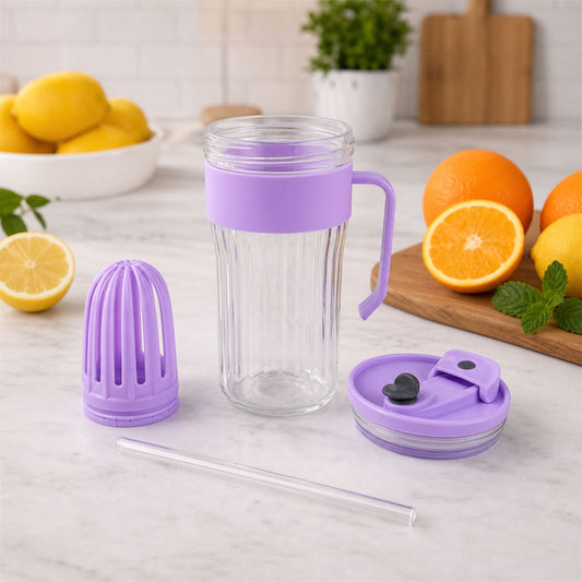 Clear glass tumbler with colored lid and handle for cold beverages
