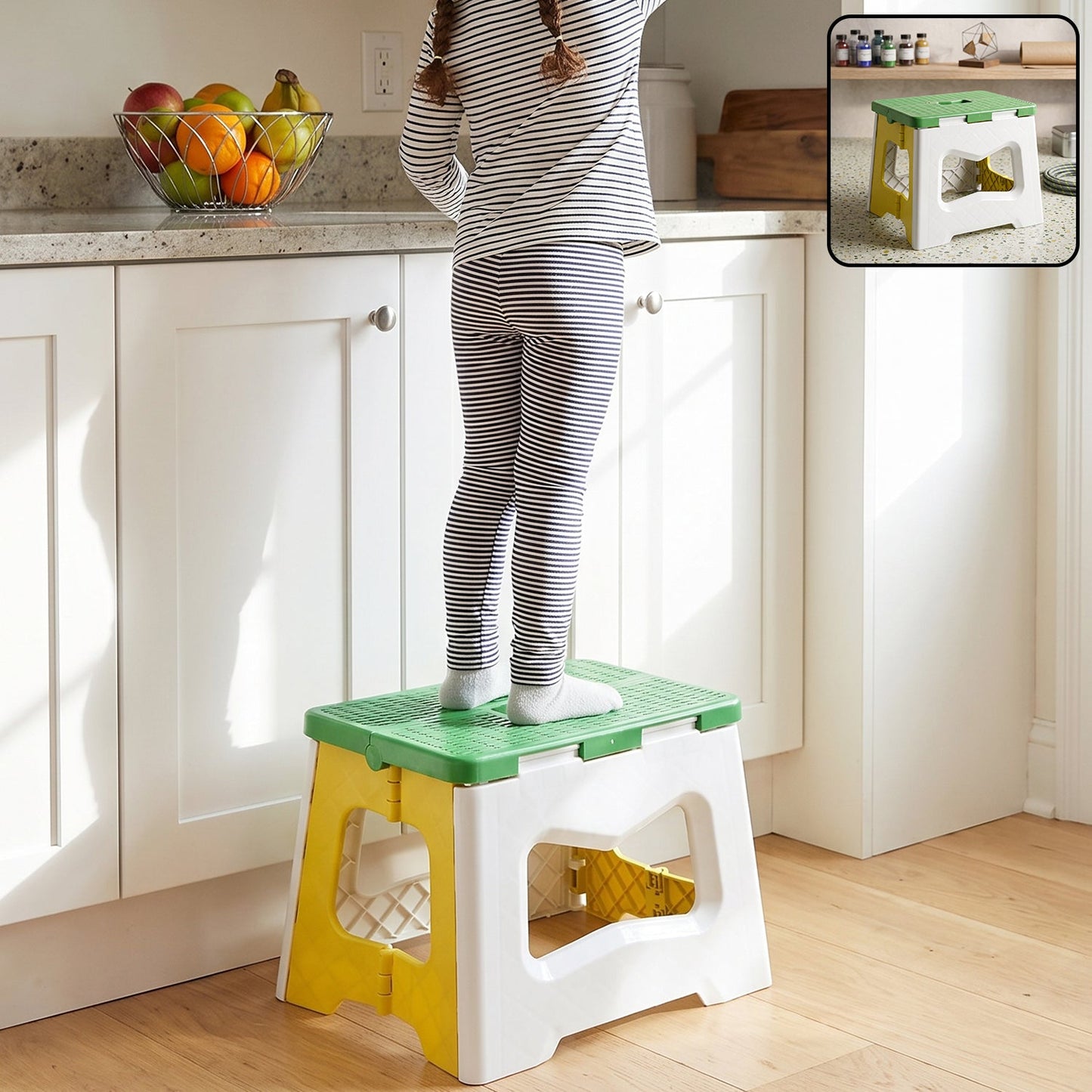 A child on the folding stool reaches for something above a kitchen counter, with a small inset image of the stool.
