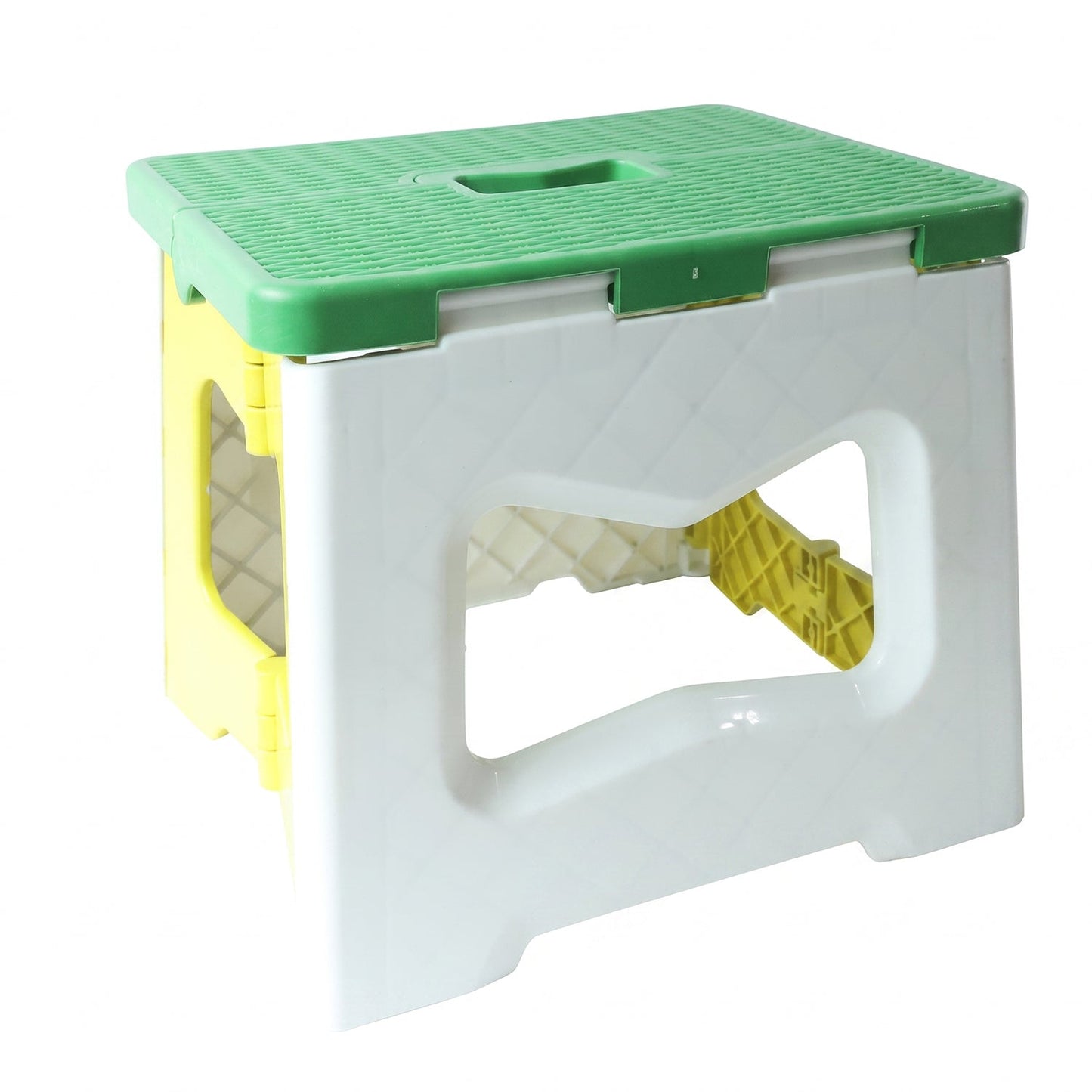 A green, white, and yellow plastic folding stool is displayed on a plain white background.