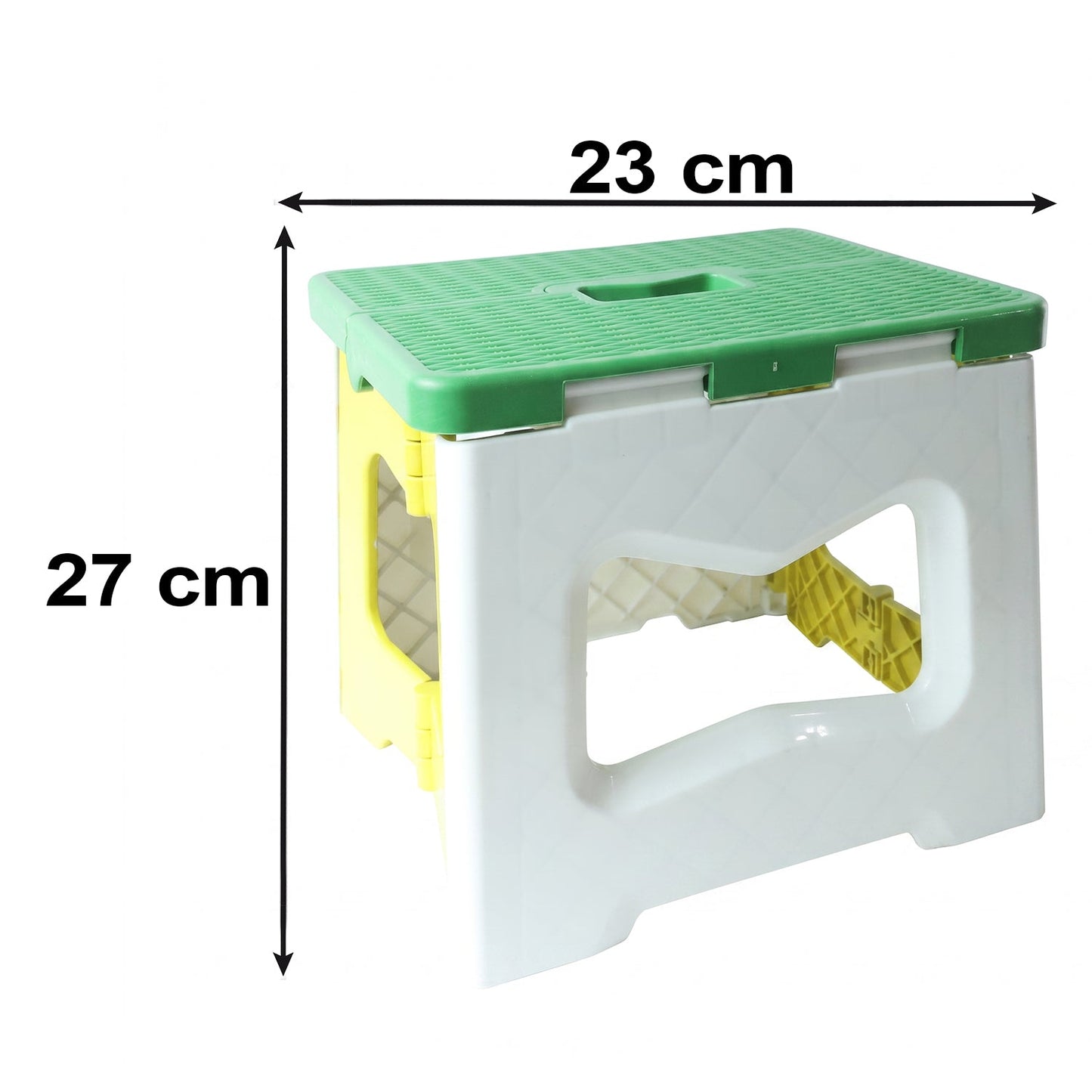 A green, white, and yellow plastic folding stool with dimensions of 27 cm height and 23 cm width indicated.