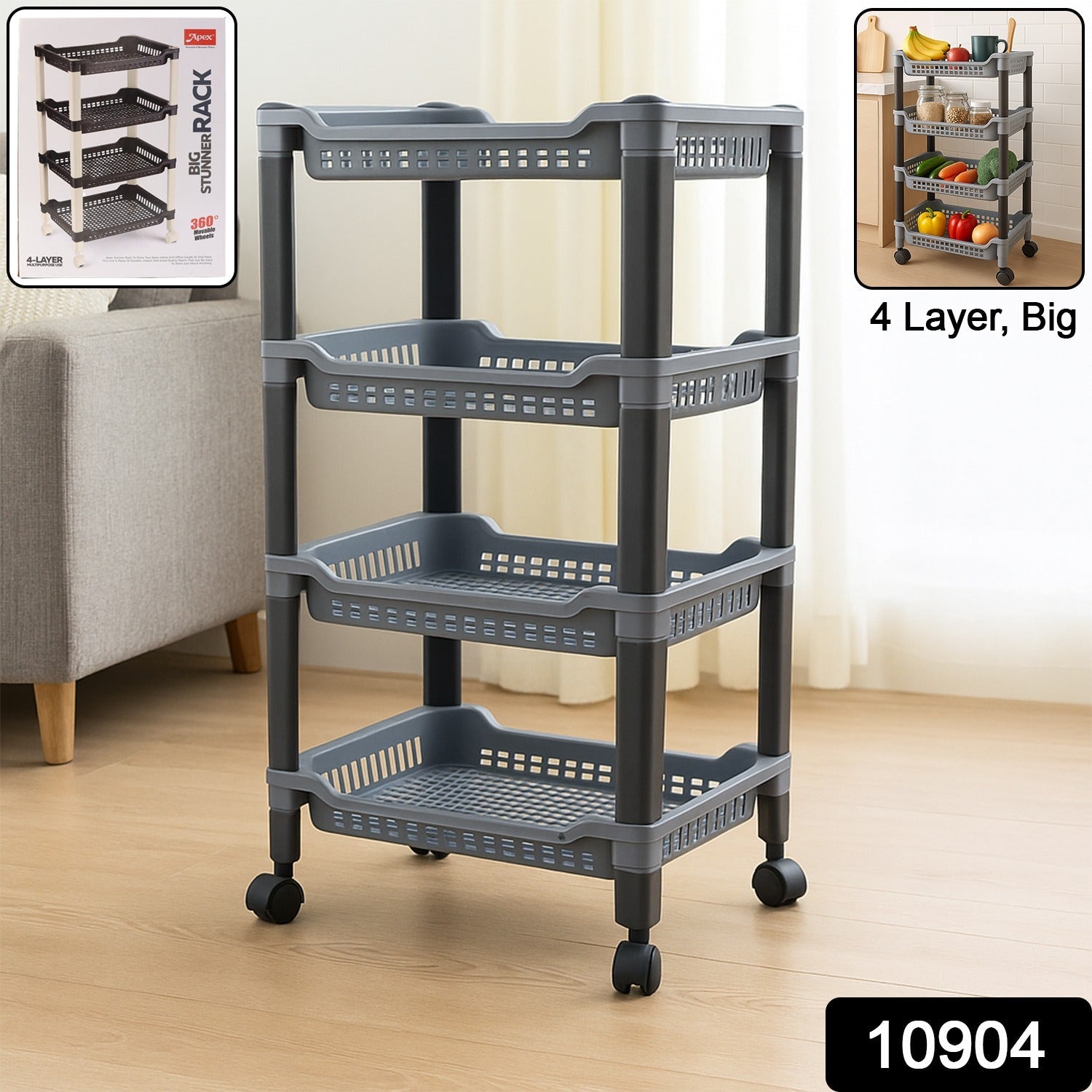 Apex plastic storage rack showing stable legs and easy mobility with wheels