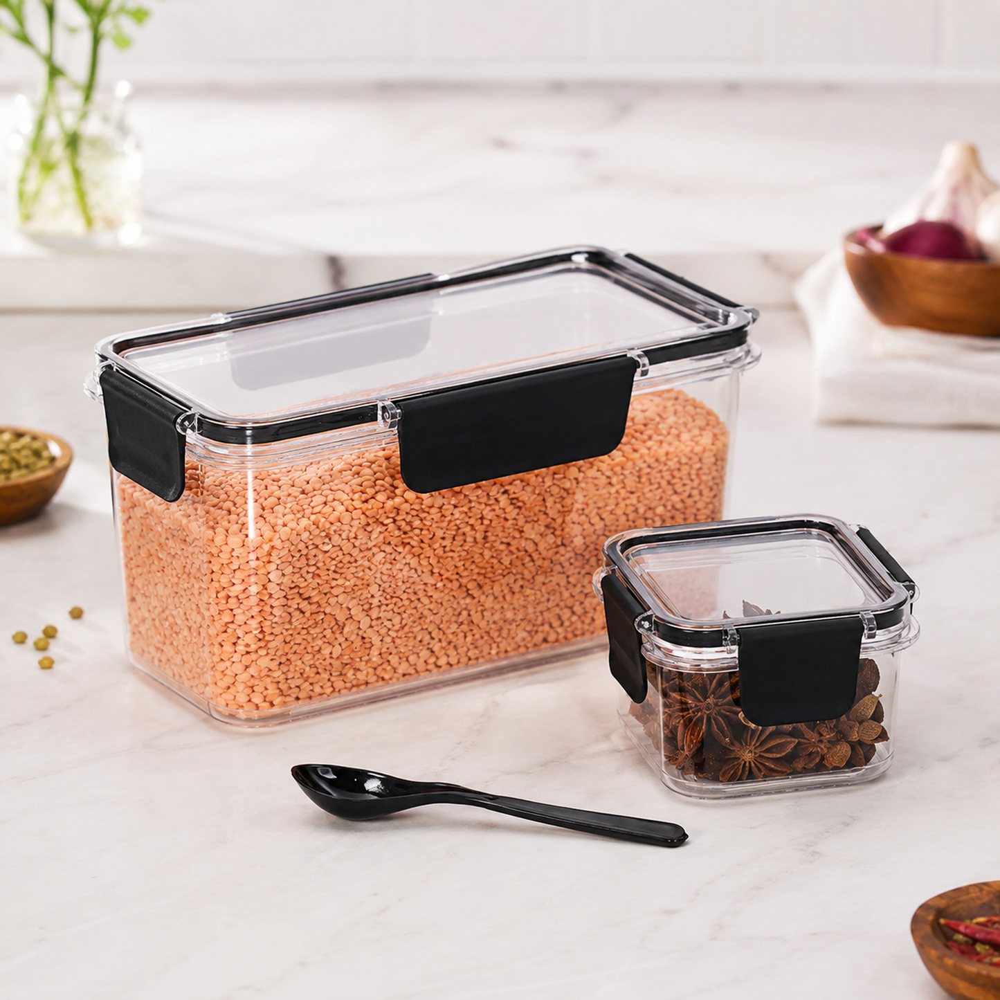 Plastic Kitchen Storage Container Set – Airtight Lock Lid & Spoon