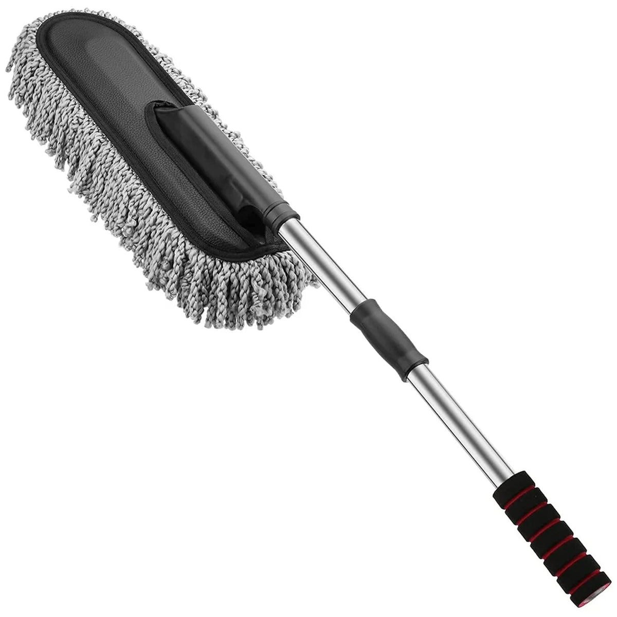 A gray and black microfiber car duster with an extended silver handle and a red and black grip on a white background.