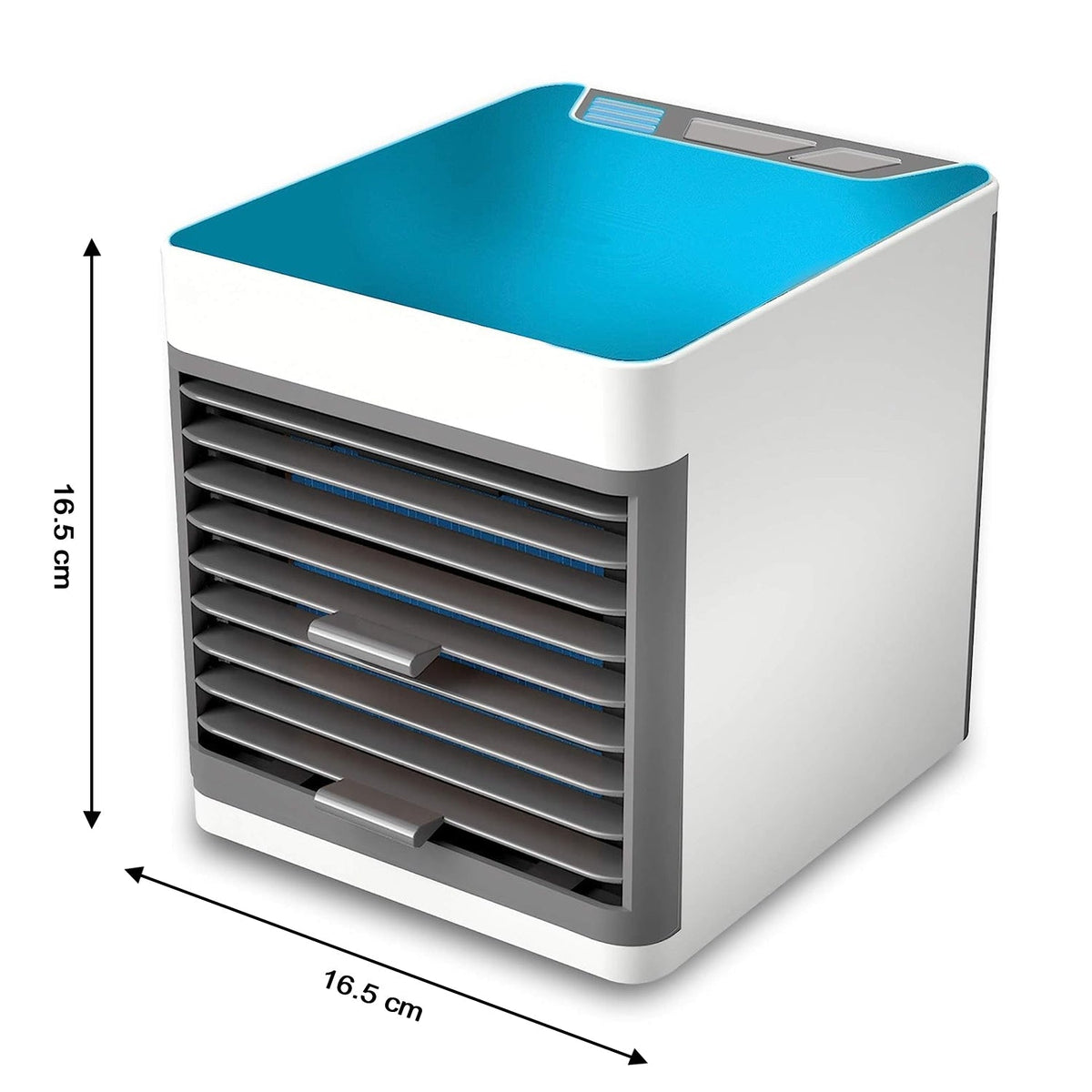 A white and gray portable air cooler with a blue top, displaying its dimensions of 16.5 cm in height and width.