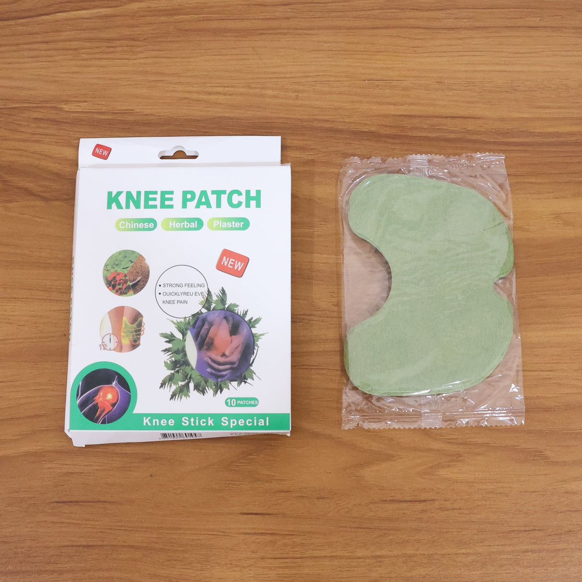 Close-up of green herbal knee relief patch on skin showing comfort