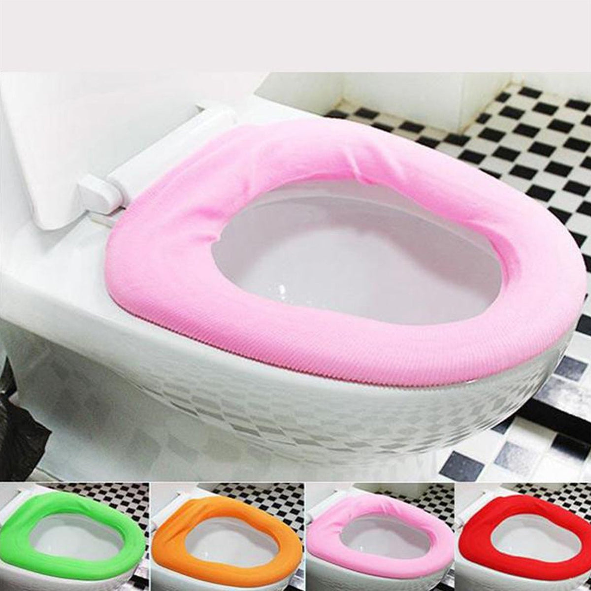 A pink soft fabric toilet seat cover on a white toilet with four smaller insets showing green, orange, pink, and red covers.