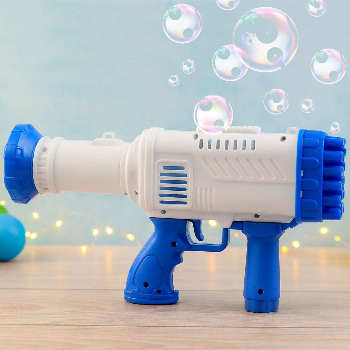 Ergonomic handle and trigger design of the white and blue bubble gun for easy use.