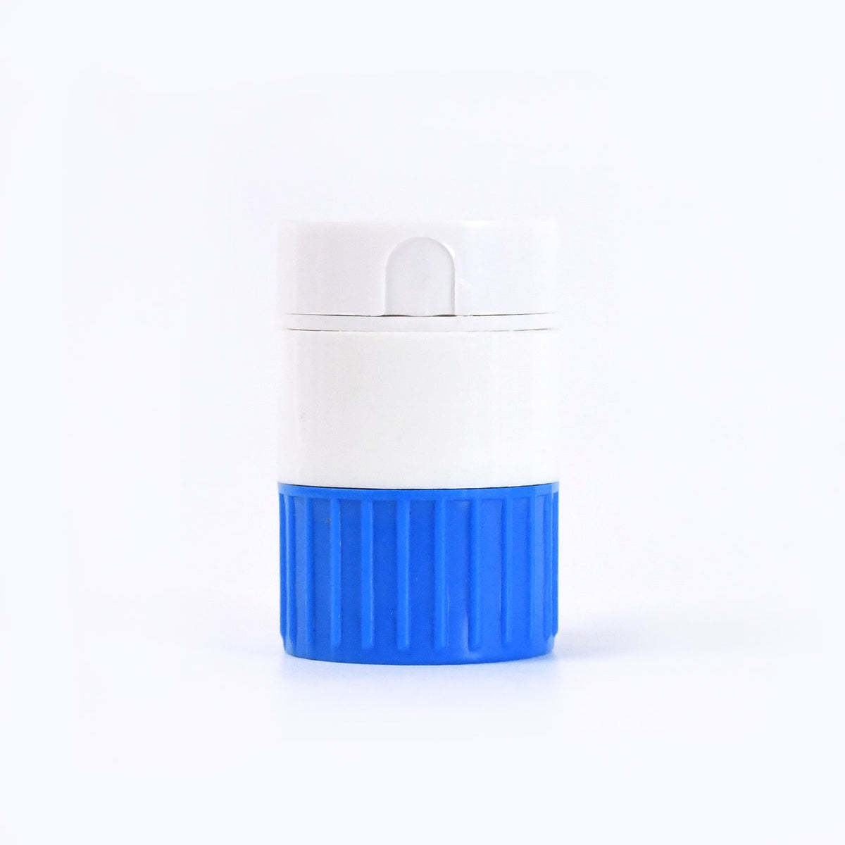 A white and blue pill crusher and cutter standing upright on a plain white background.
