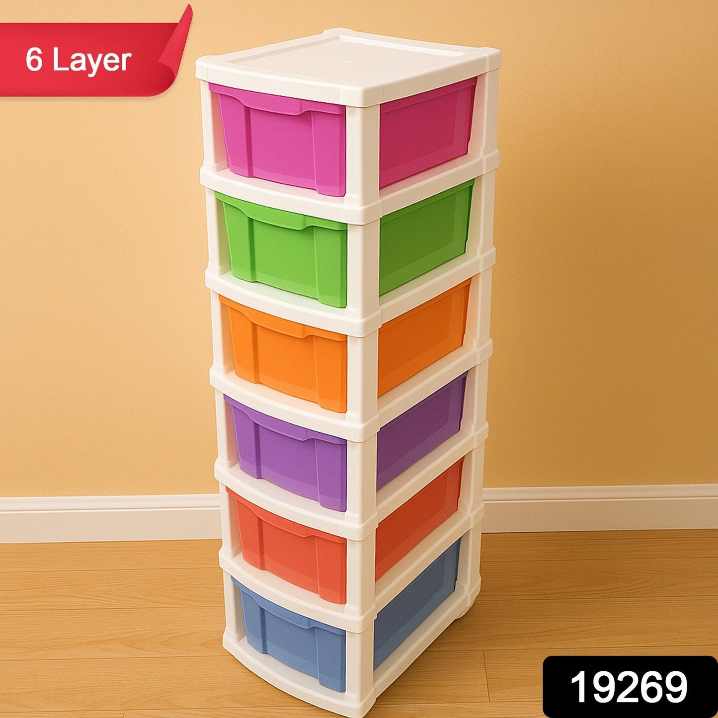 Multi-colored 6-layer storage cabinet with tinted plastic drawer tiers