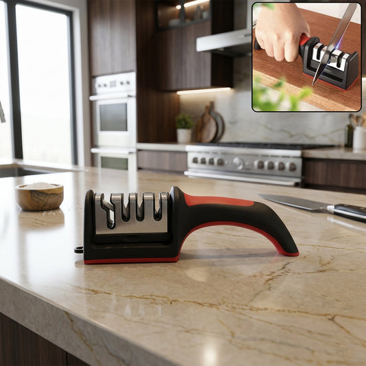 4-stage manual knife sharpener, durable plastic and metal construction