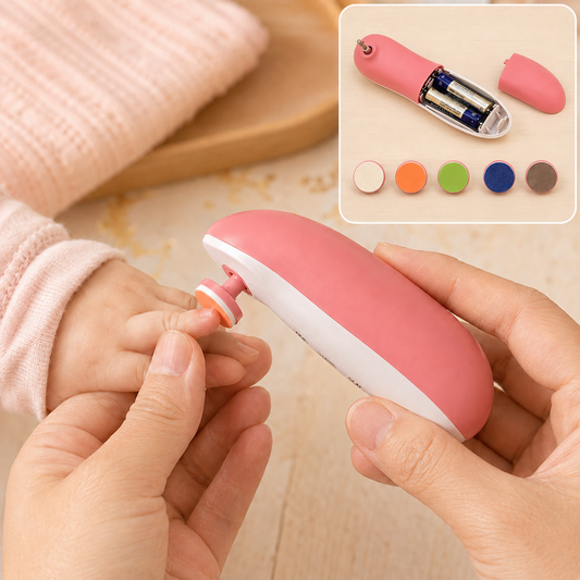 Hands gently trim a baby's nails with a pink electric nail file; inset shows batteries and grinding heads.