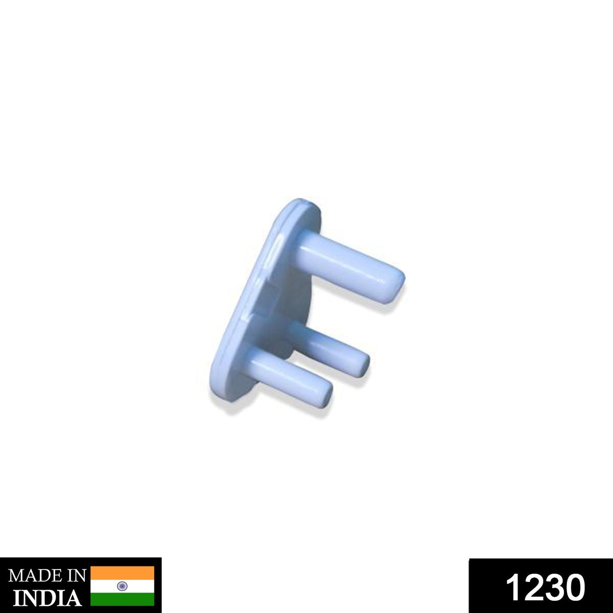 A single light blue child-proof plug with three prongs on a white background, with a 'Made in India' label.