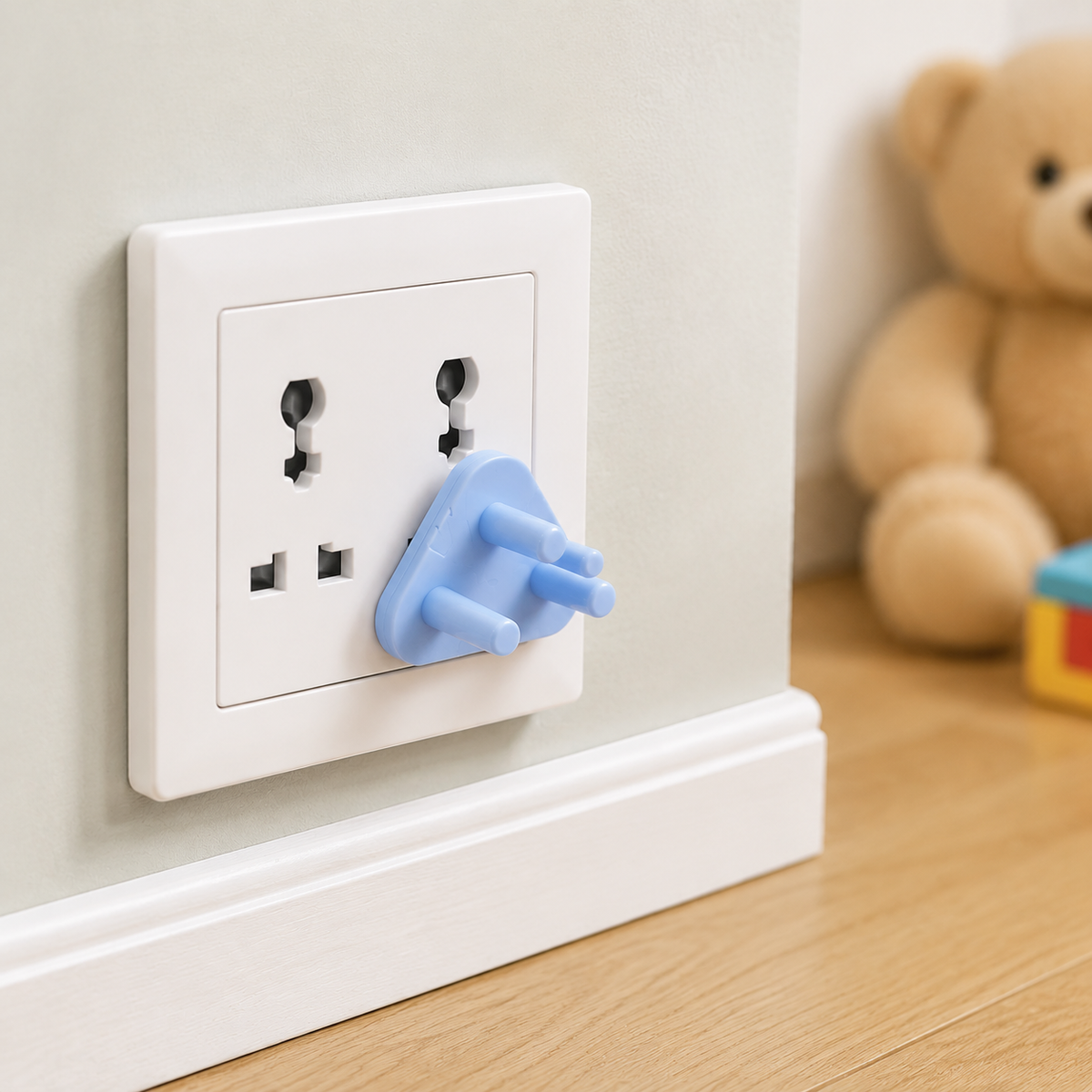 A light blue child-proof plug inserted into a white electric wall socket with a teddy bear in the background.