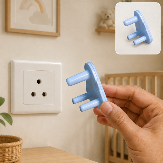 A hand holds a light blue 3-pin socket cover next to a white wall outlet, with a baby's room in the background.