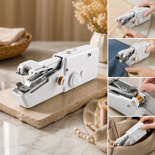 White handheld sewing machine on a stone slab with thread spools and pearls nearby, showing various uses in small insets.