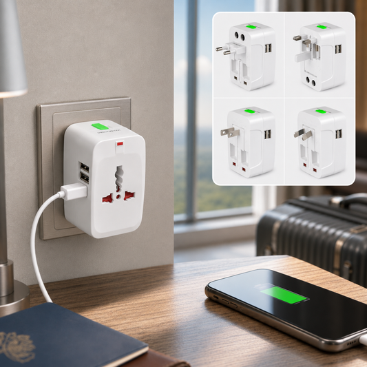 White universal travel adapter plugged into a wall outlet, charging a smartphone on a wooden desk.