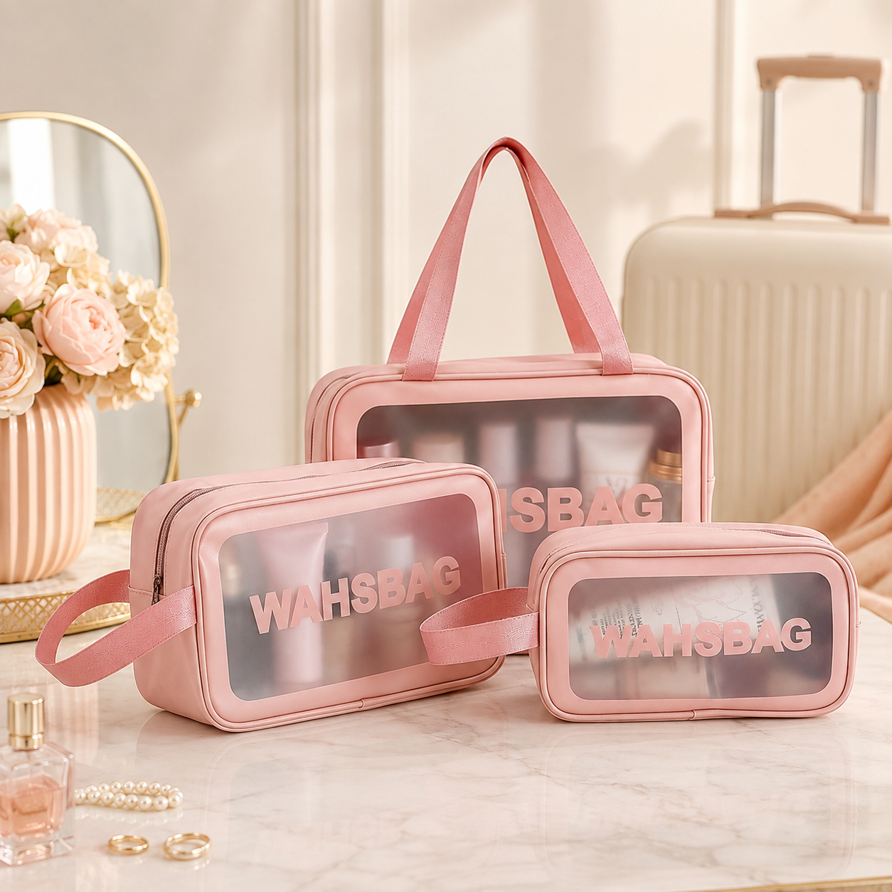 Three pink waterproof travel bags with clear panels sit on a white marble table with a mirror and flowers.