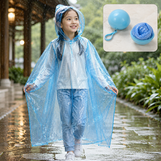 A young girl in a blue disposable rain poncho walks on a wet path, with a small blue ball container shown in the corner.
