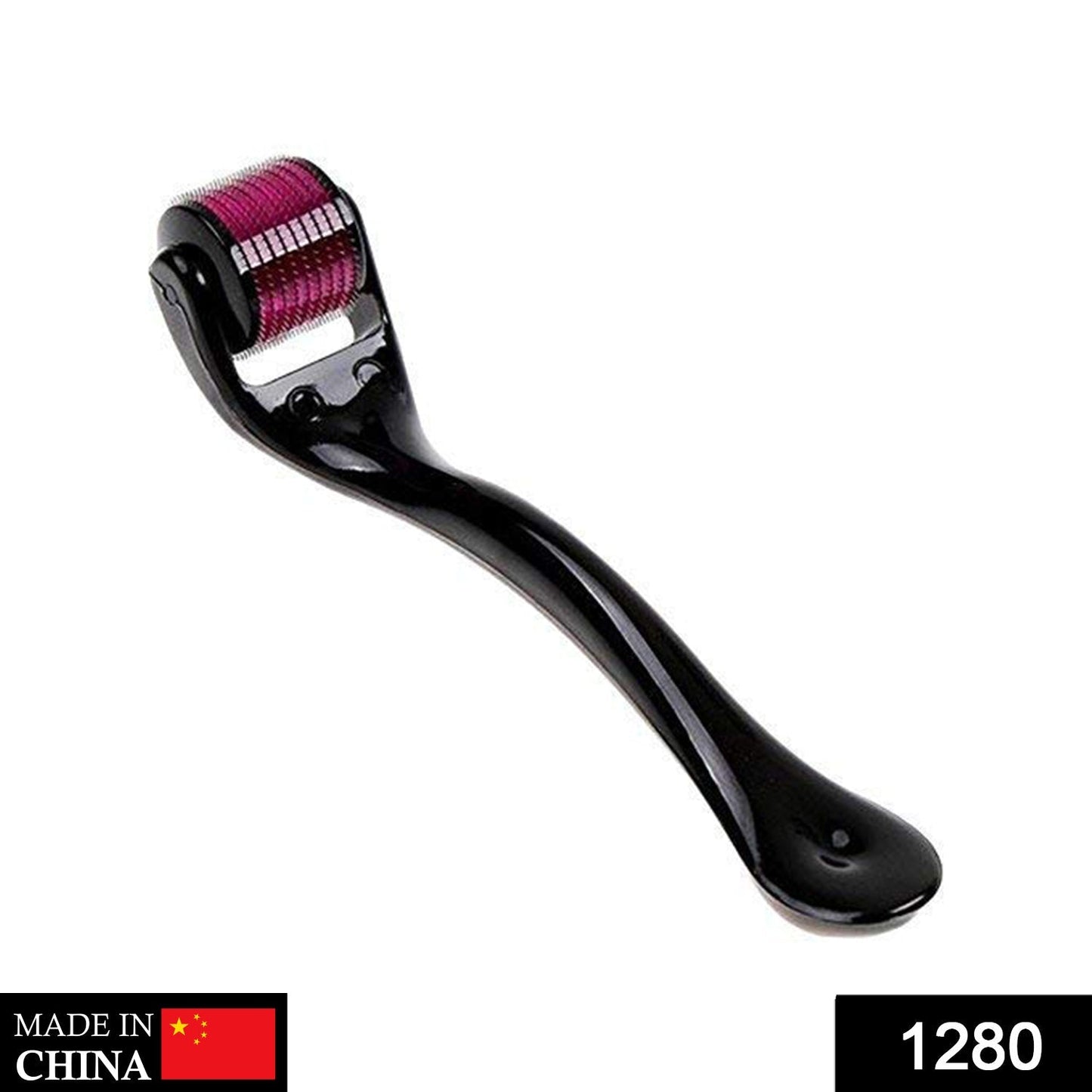 A black derma roller with a purple head is shown on a white background, with a 'Made in China' label.