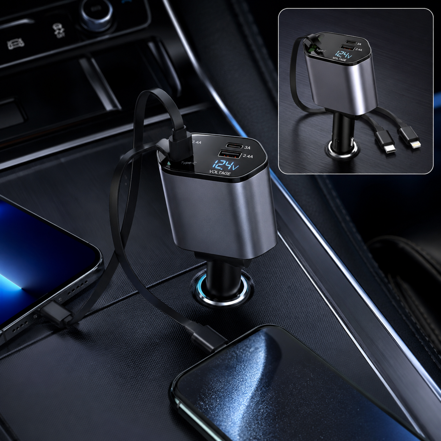 A gray car charger with dual retractable cables and a voltage display is plugged into a car's console, charging two phones.