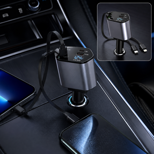 A gray car charger with dual retractable cables and a voltage display is plugged into a car's console, charging two phones.