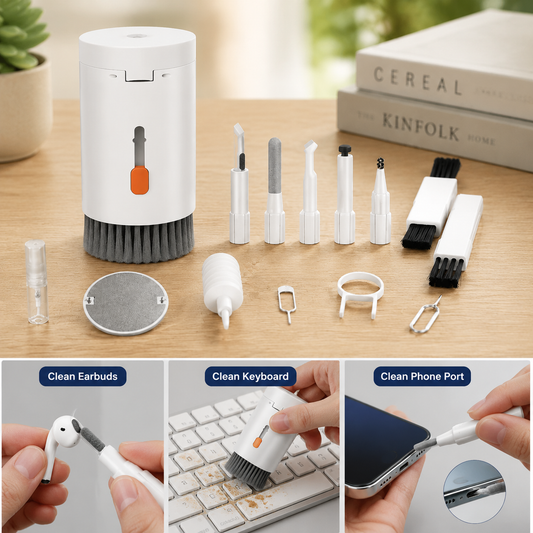 White multi-tool cleaning kit with various attachments and three insets showing it cleaning earbuds, a keyboard, and a phone