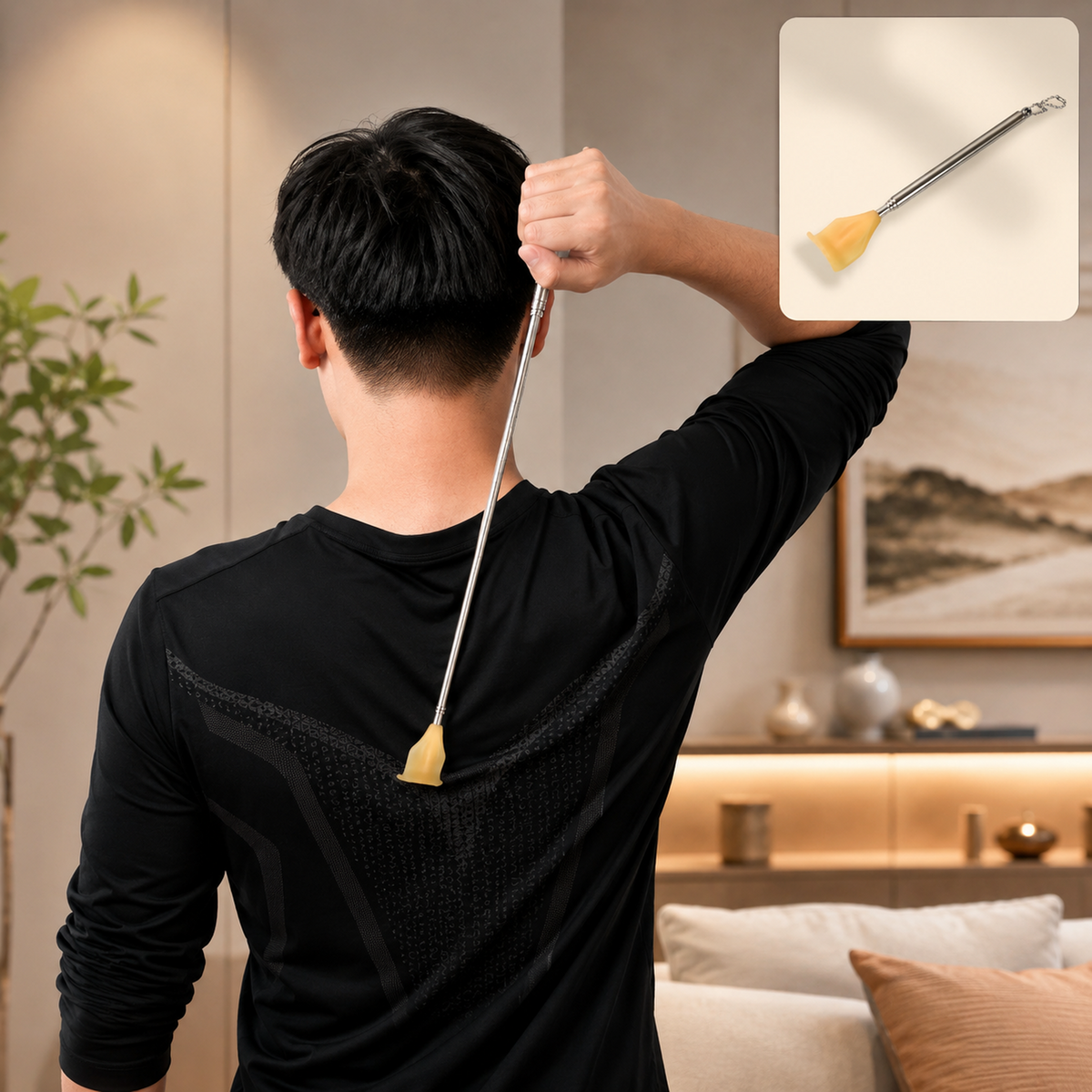 A man in a black shirt uses a silver telescoping back scratcher with a yellow hand-shaped head on his back.