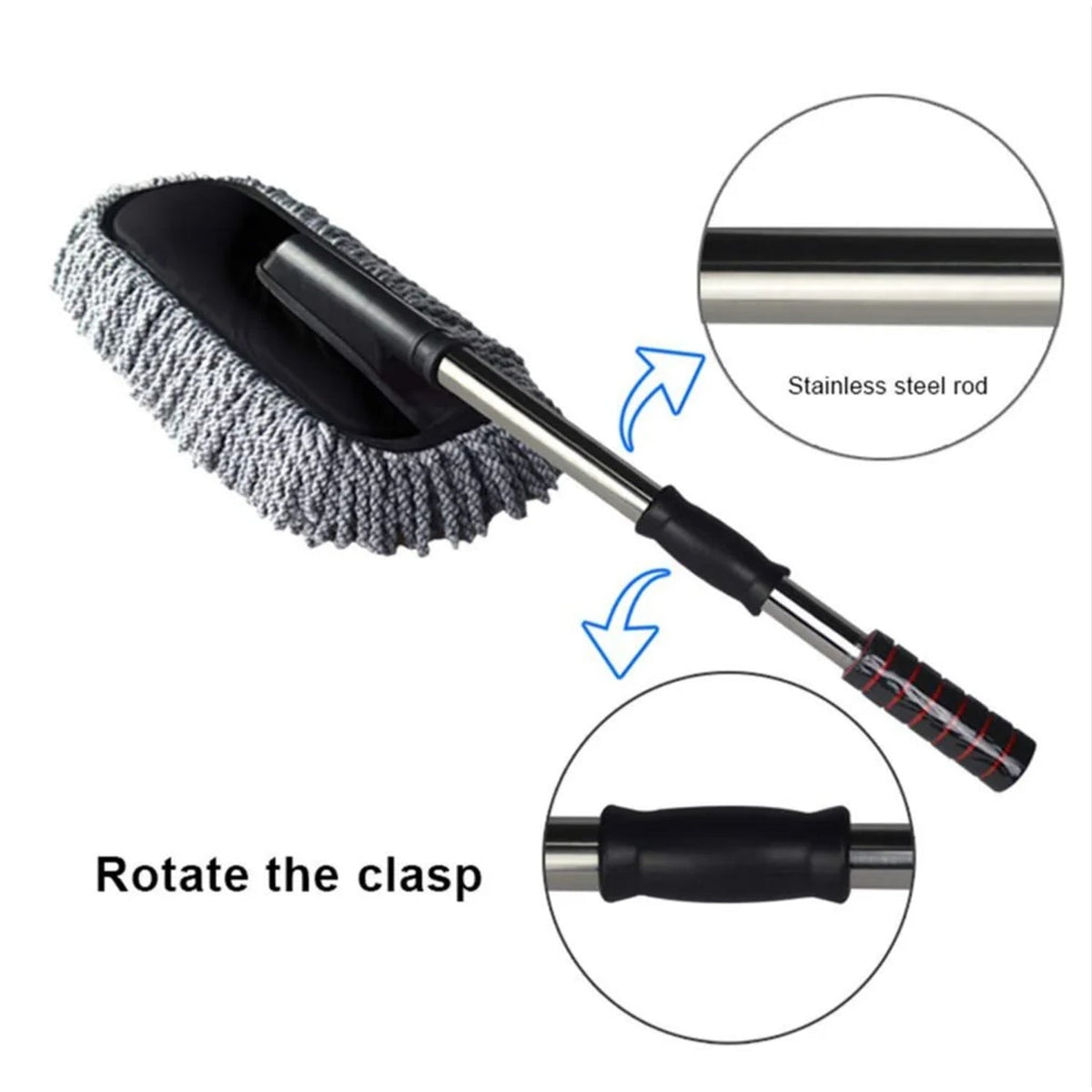 A gray and black microfiber car duster with an extended handle, showing details of the stainless steel rod and rotating