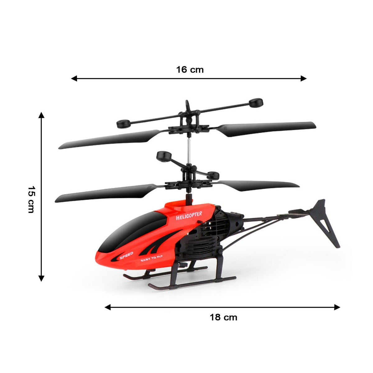 A red and black toy helicopter with dimensions labeled: 16 cm wide, 15 cm tall, and 18 cm long.