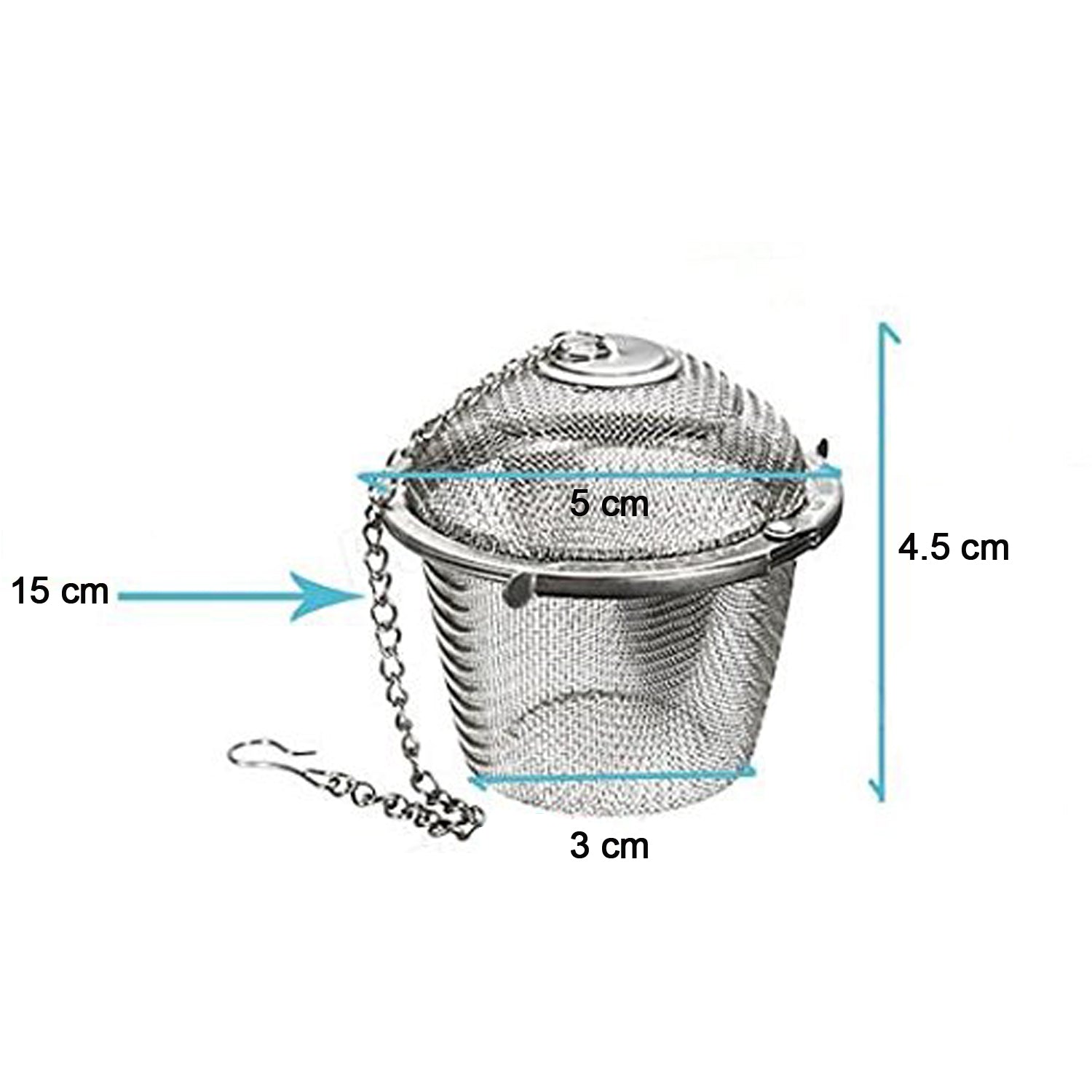 A stainless steel mesh tea infuser with dimensions labeled: 15 cm chain, 5 cm top, 3 cm bottom, and 4.5 cm height.