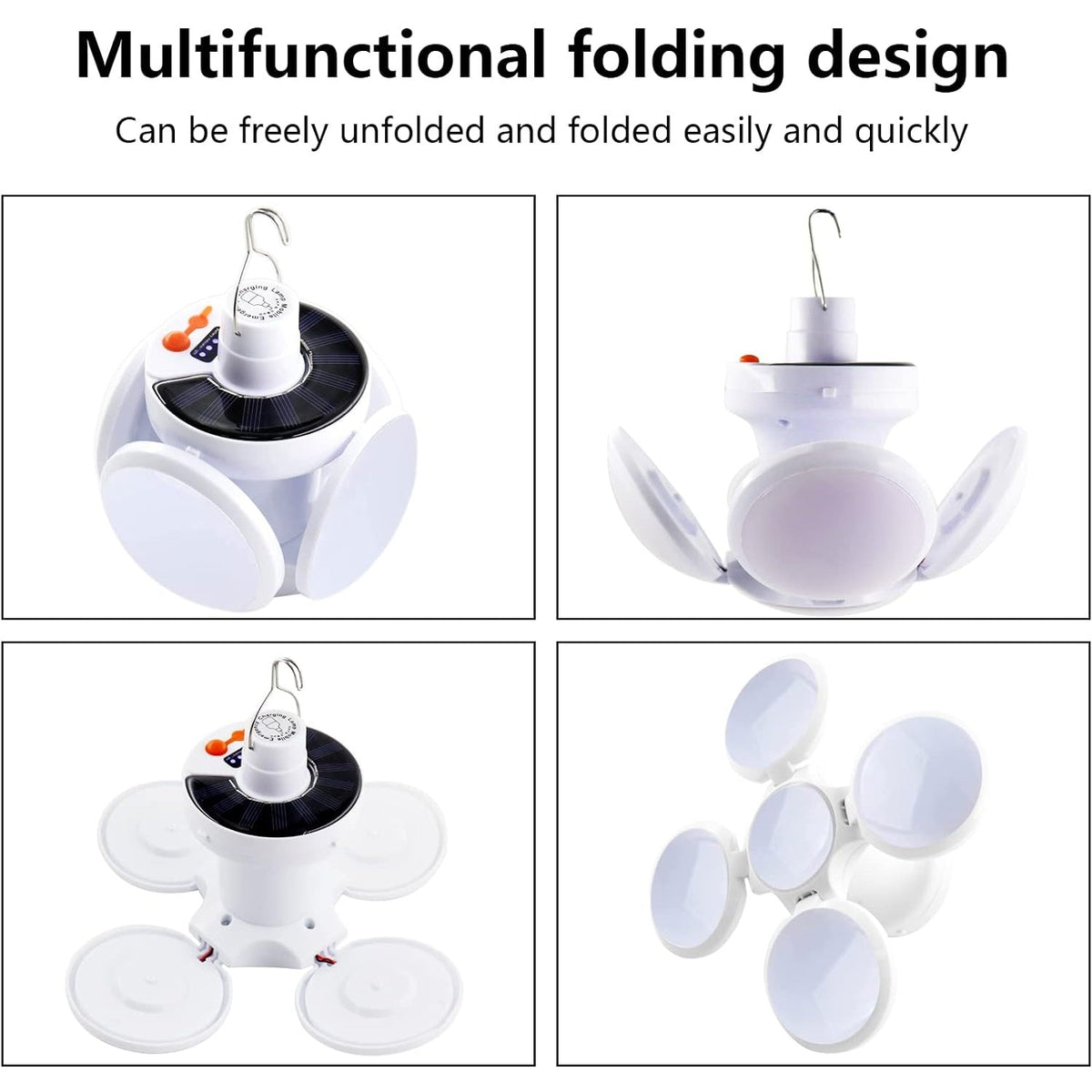 A four-panel grid displays the white camping light in various stages of folding and unfolding.