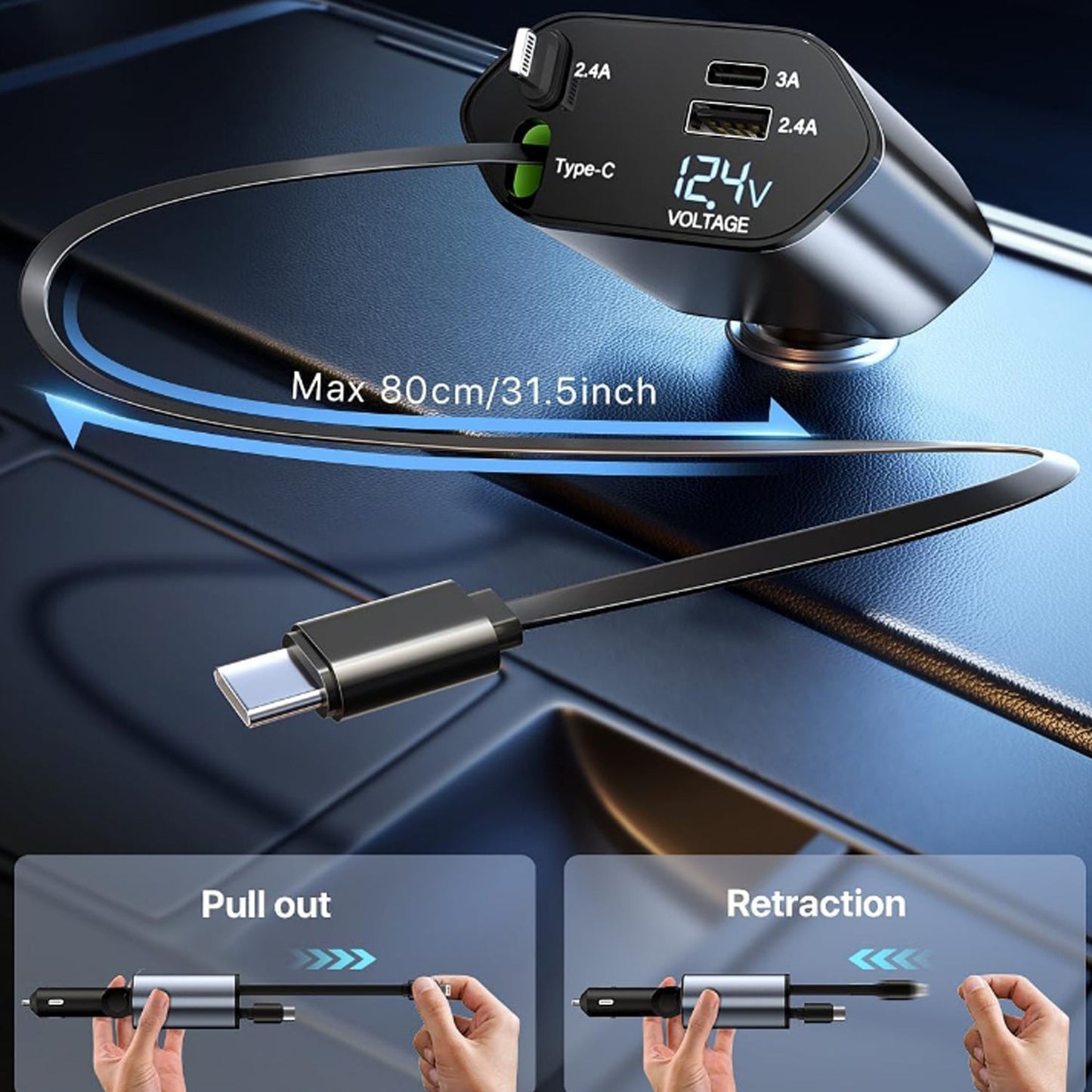 A close-up of the car charger showing the retractable cable extended to its maximum 80cm length, with hands demonstrating