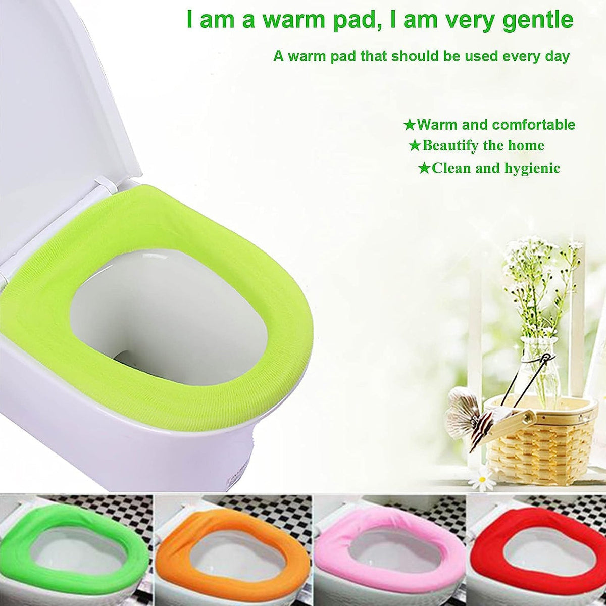A green soft fabric toilet seat cover on a white toilet with text highlighting its warmth and comfort benefits.