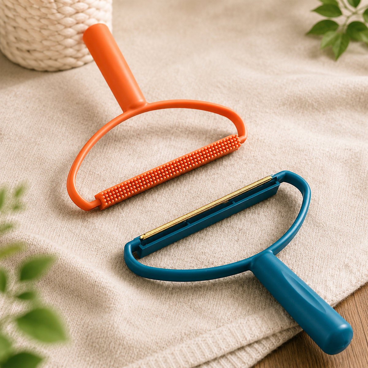 An orange and a blue lint remover, one with a fabric brush and the other with a metal shaver, on a beige knitted fabric.