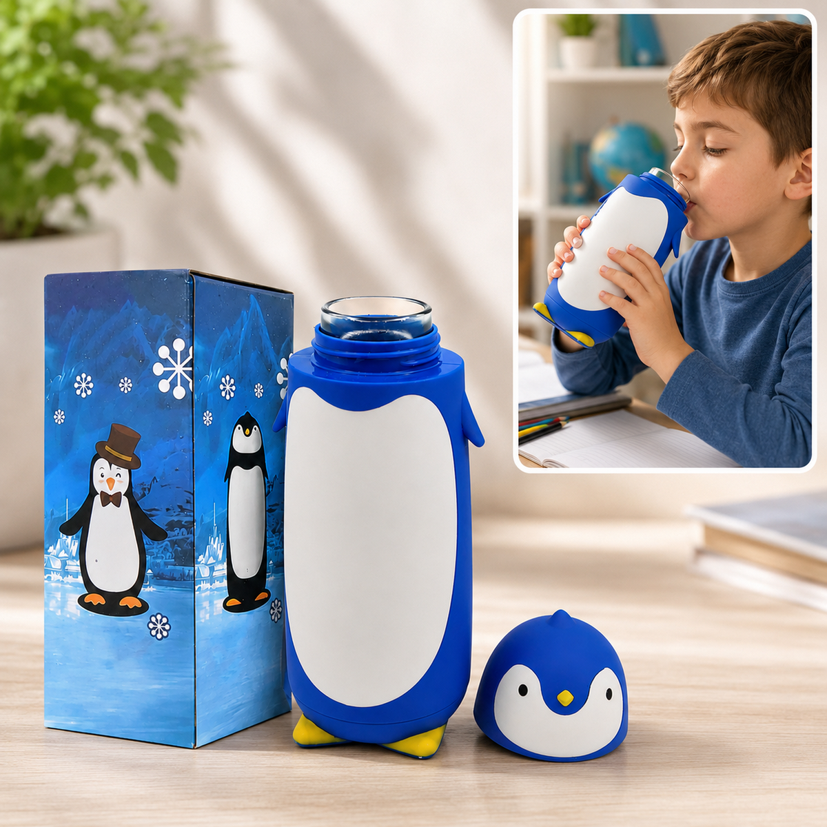 Blue penguin water bottle with yellow feet, next to a blue box with a penguin illustration, and a boy drinking from it in an