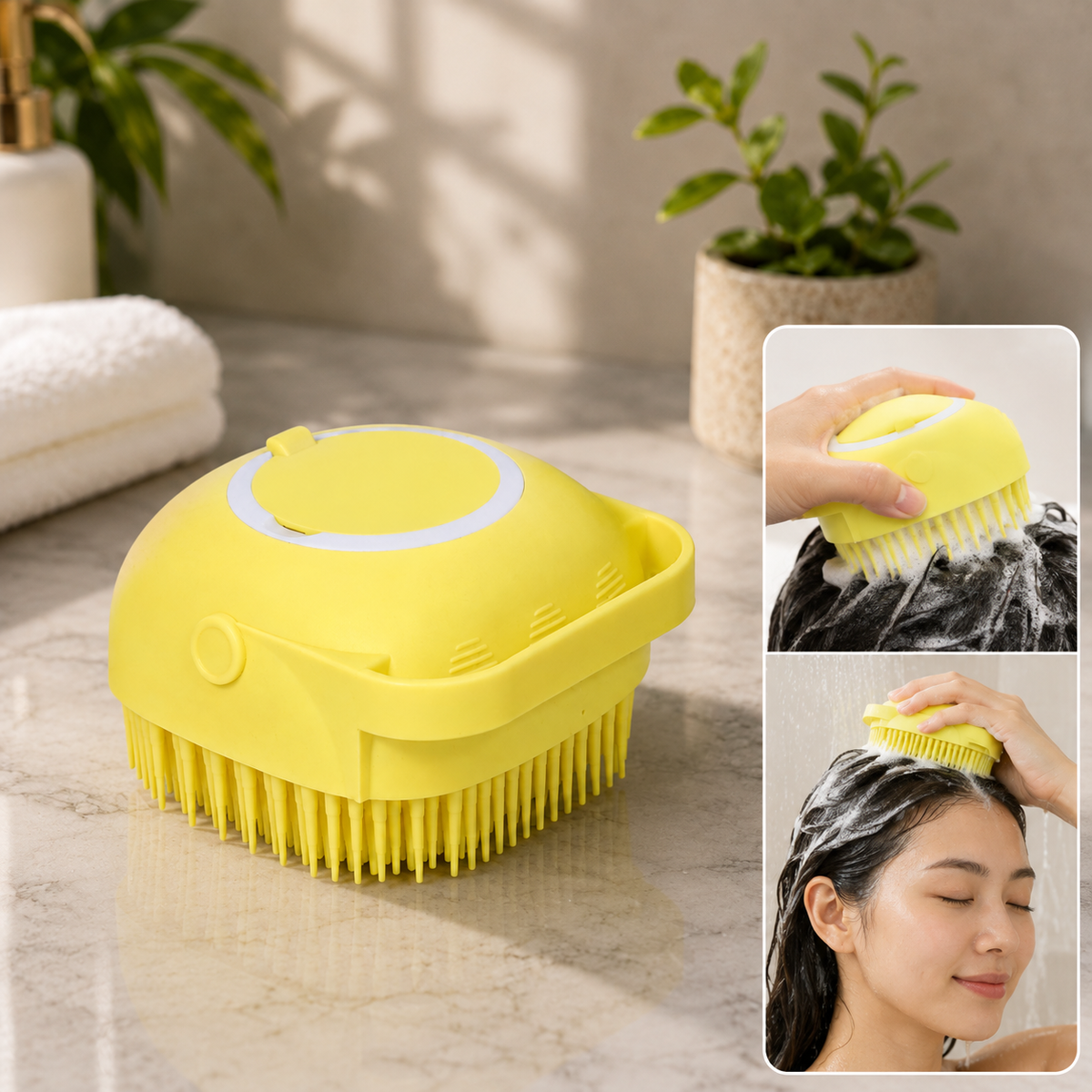Yellow silicone bath brush with shampoo dispenser on a marble counter, with insets showing it in use on hair.