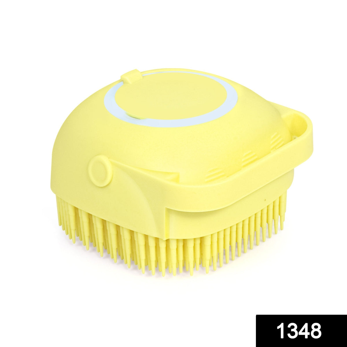 Yellow silicone bath brush with shampoo dispenser on a white background.