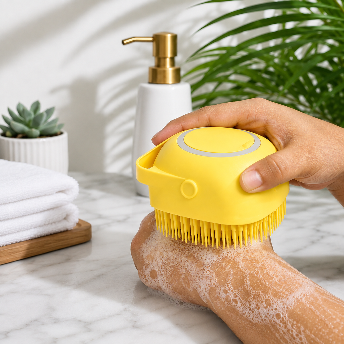 A hand holds a yellow silicone bath brush, lathering soap on an arm in a well-lit bathroom.
