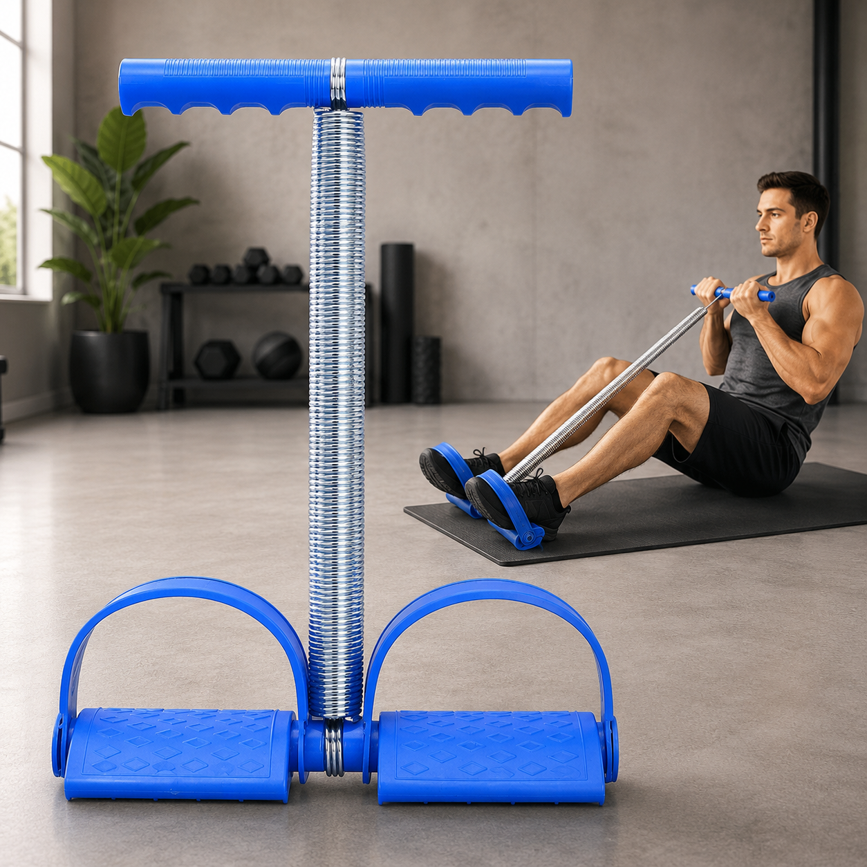 A man in a gym performs sit-ups using a blue foot pedal exerciser with a metal spring, holding the handles.