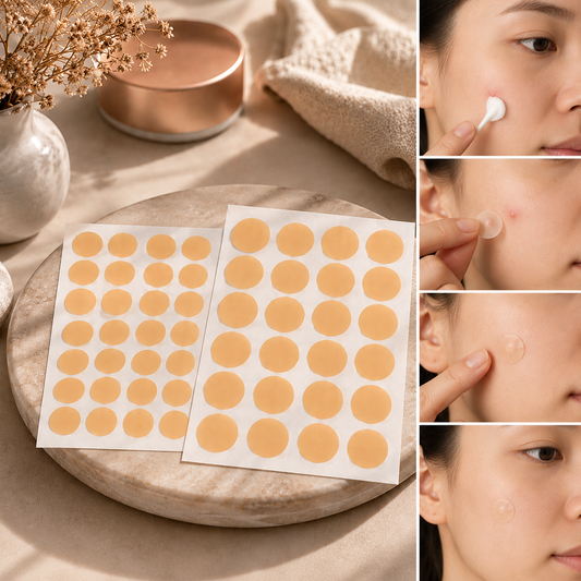Two sheets of round, light brown pimple patches sit on a marble surface next to a vase and jar, with four close-ups of a