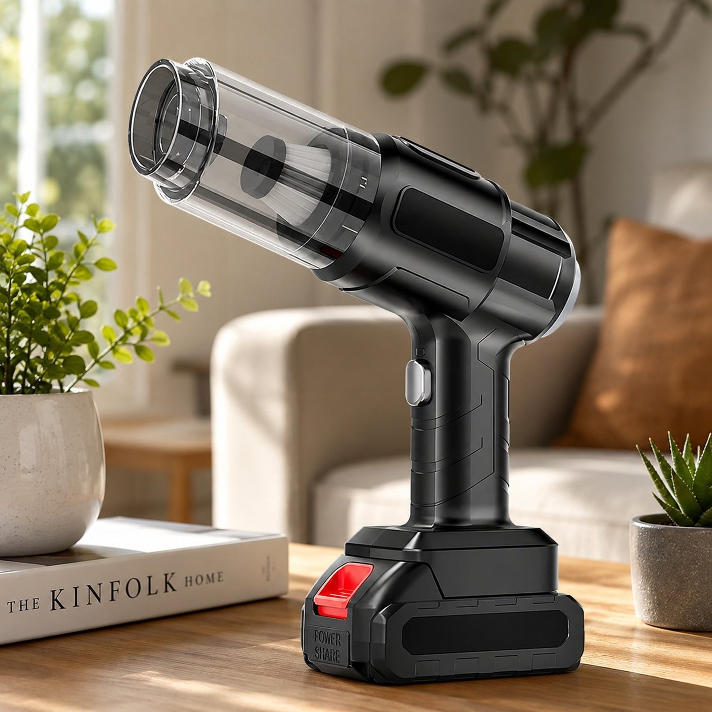 Black handheld vacuum cleaner with a clear dustbin and red battery pack, sitting on a wooden table next to a potted plant.
